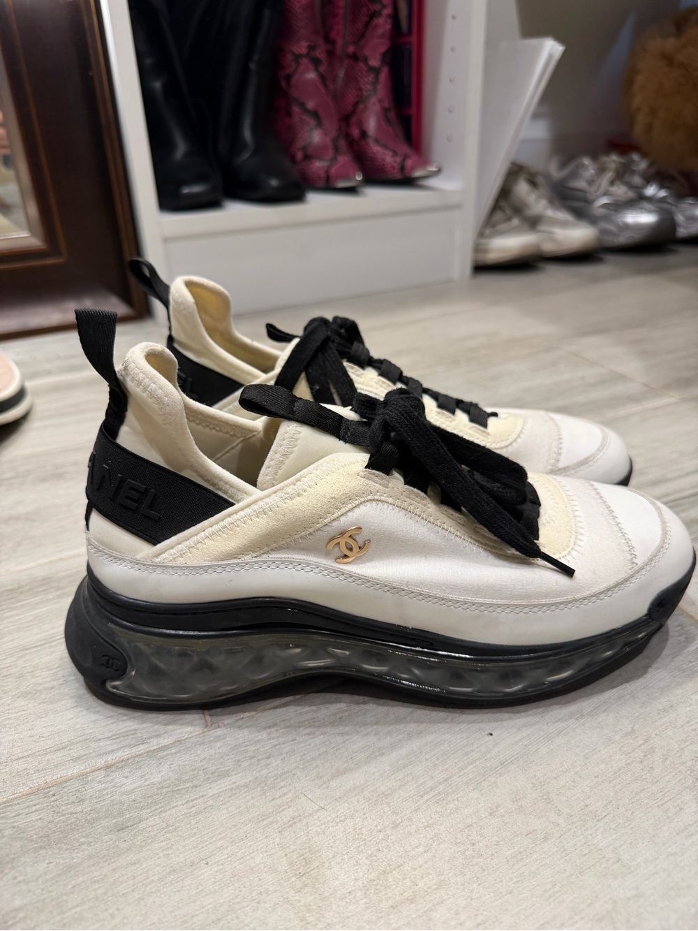 CHANEL Cream & Black CC Logo Platform Sneakers